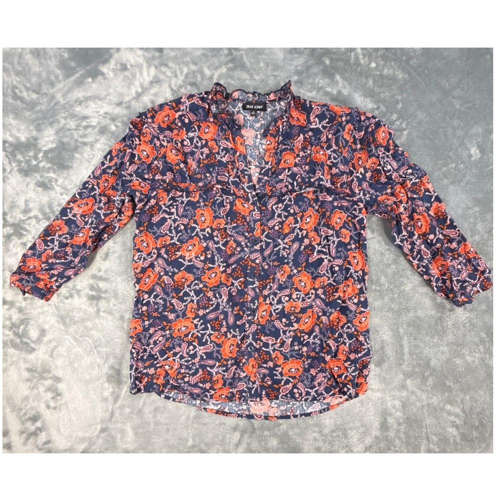 Dear John XS Floral Paisley Ruffle Neck Rayon Blouse Blue Orange Peasant Top